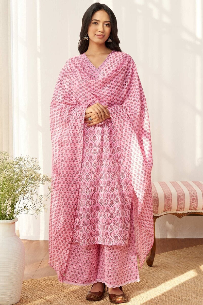 FlexFeb Pink Cotton Pink 3-Piece Suit Set with Elegant Printed Dupatta