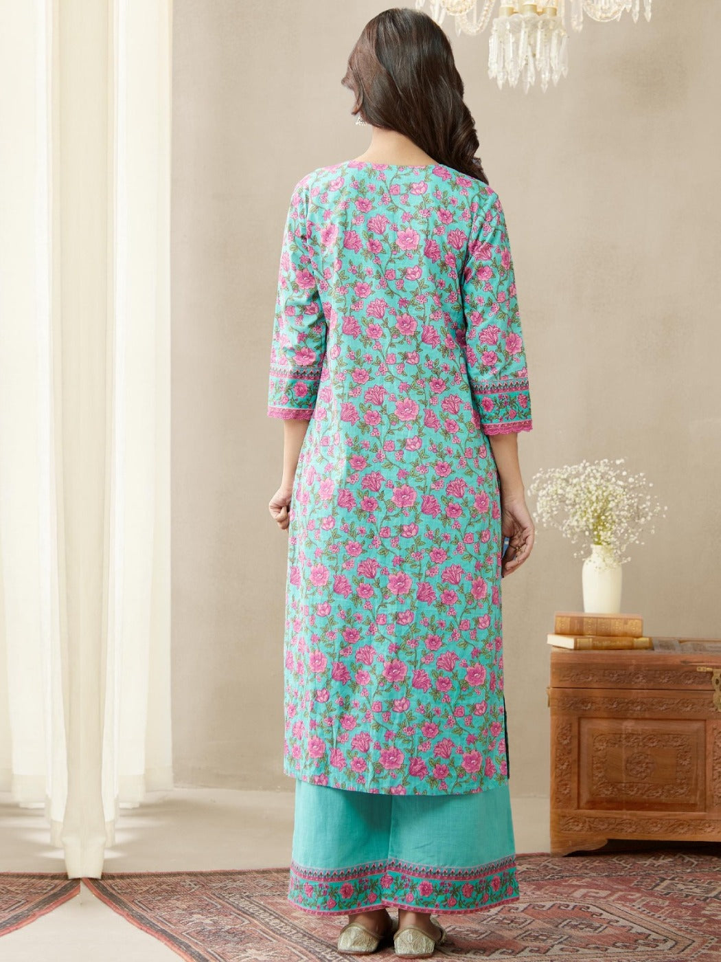 FlexFeb Cotton Greenish Blue and Light Pink 3-Piece Suit Set with Elegant Printed Dupatta