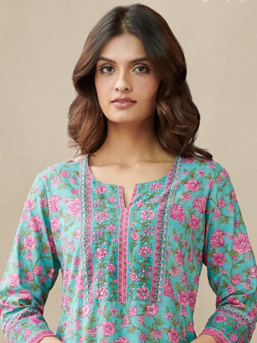 FlexFeb Cotton Greenish Blue and Light Pink 3-Piece Suit Set with Elegant Printed Dupatta
