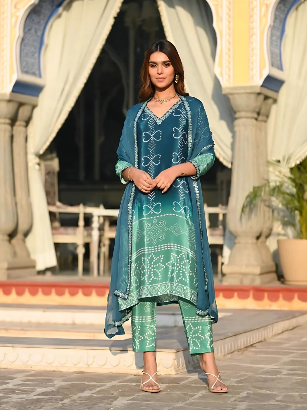 FlexFeb Chinon Green Shades 3-Piece Suit Set with Elegant Printed Dupatta
