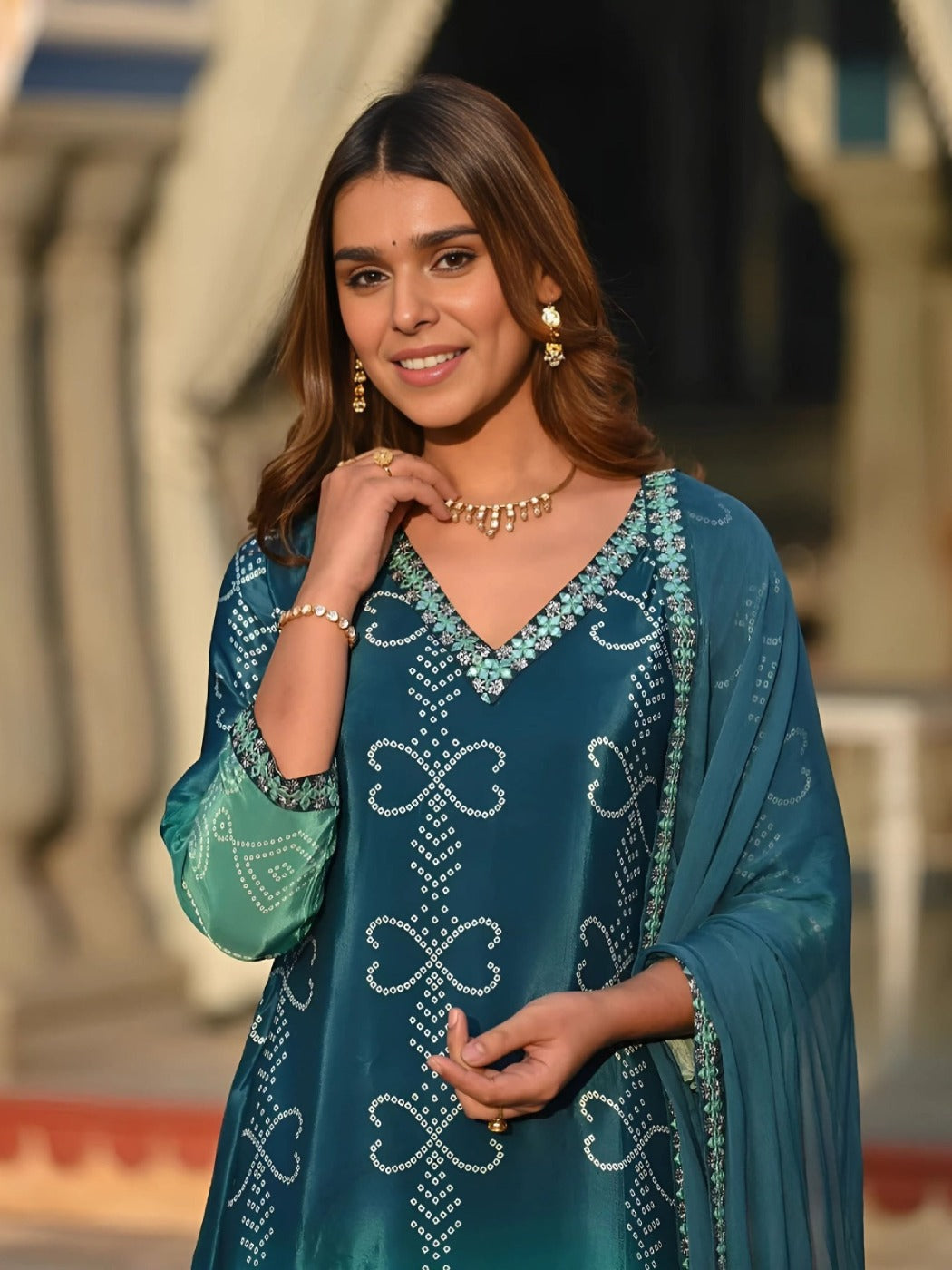 FlexFeb Chinon Green Shades 3-Piece Suit Set with Elegant Printed Dupatta