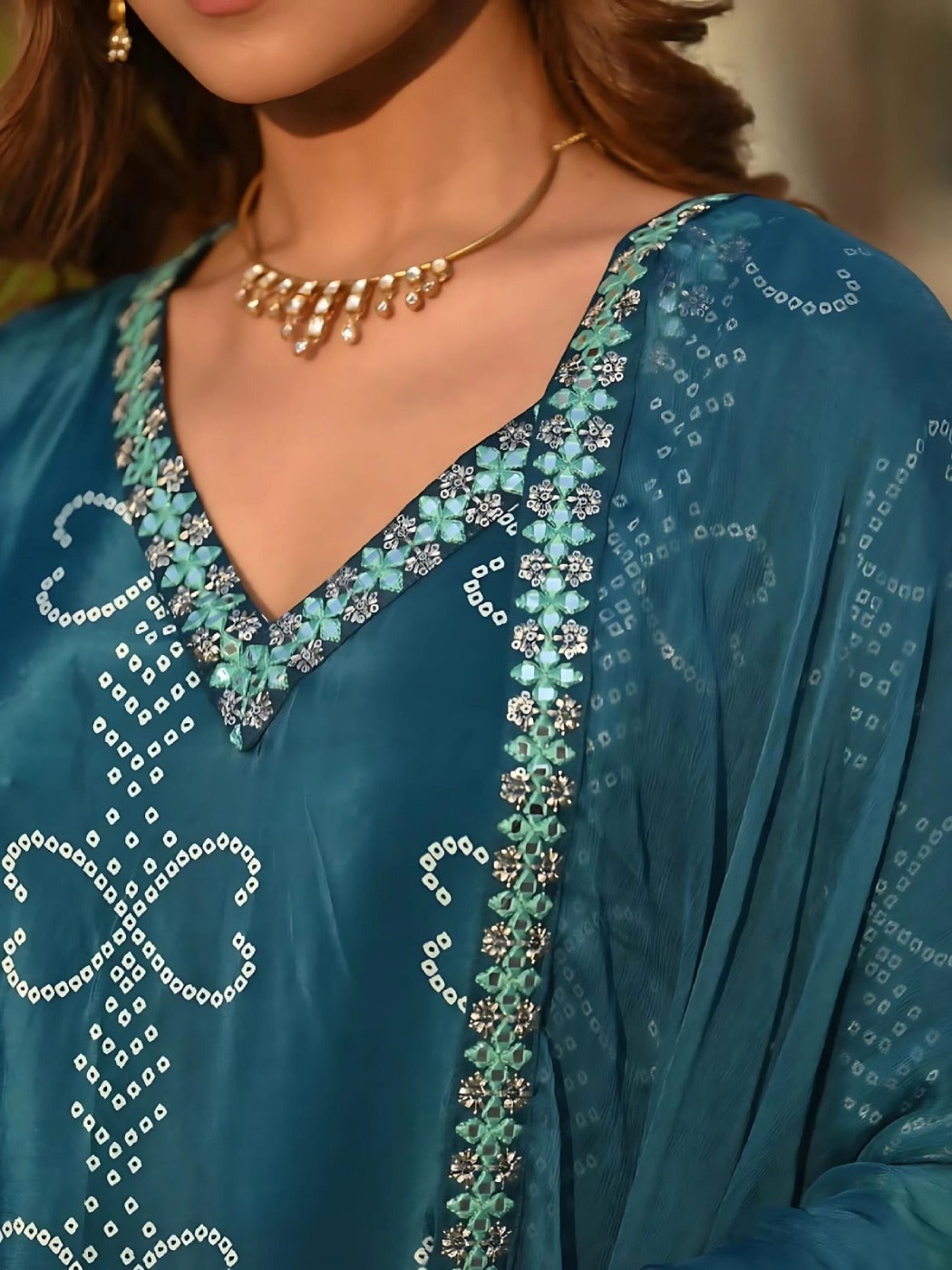 FlexFeb Chinon Green Shades 3-Piece Suit Set with Elegant Printed Dupatta