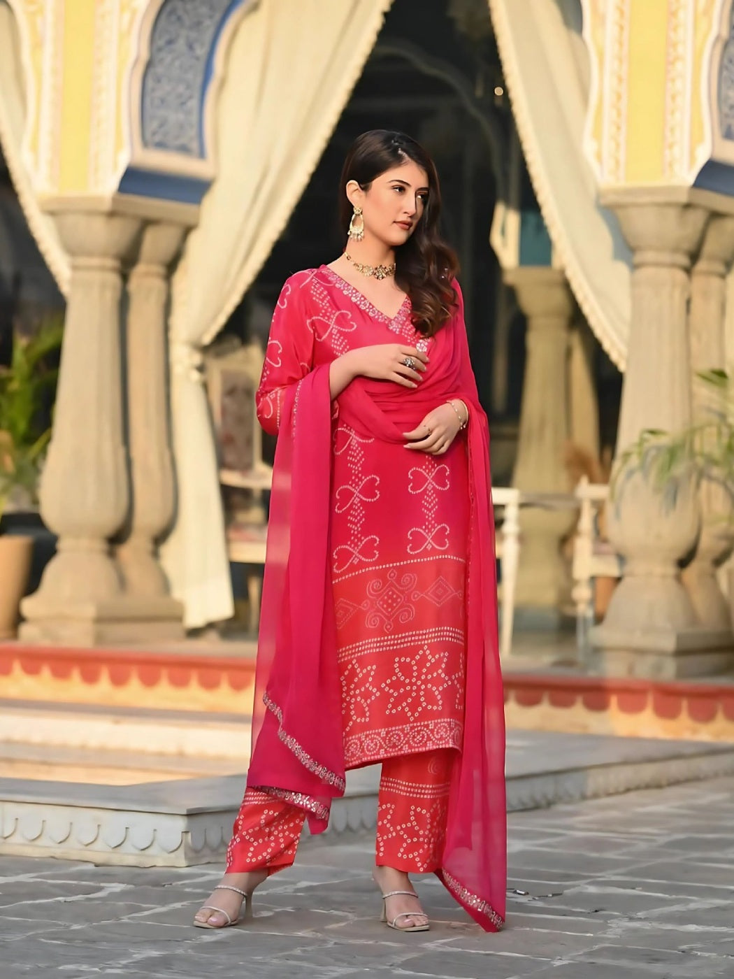 FlexFeb Chinon Pink Bandhani Design 3-Piece Suit Set with Matching Dupatta