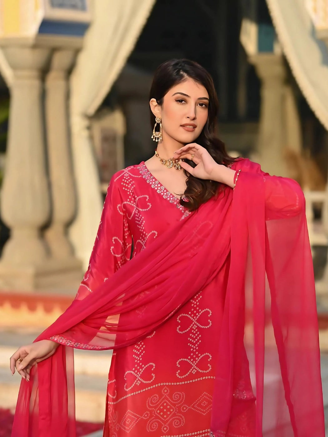 FlexFeb Chinon Pink Bandhani Design 3-Piece Suit Set with Matching Dupatta