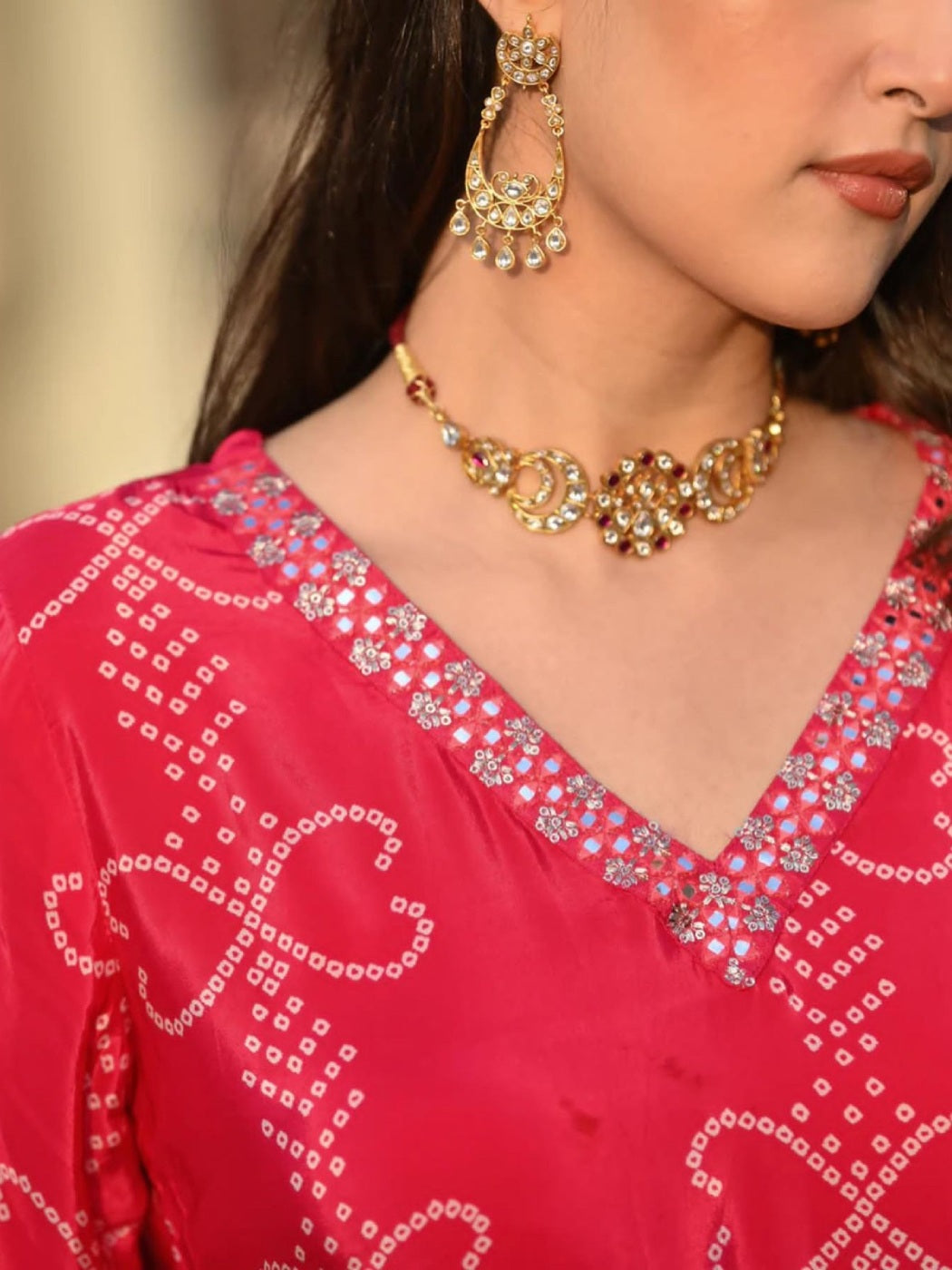 FlexFeb Chinon Pink Bandhani Design 3-Piece Suit Set with Matching Dupatta