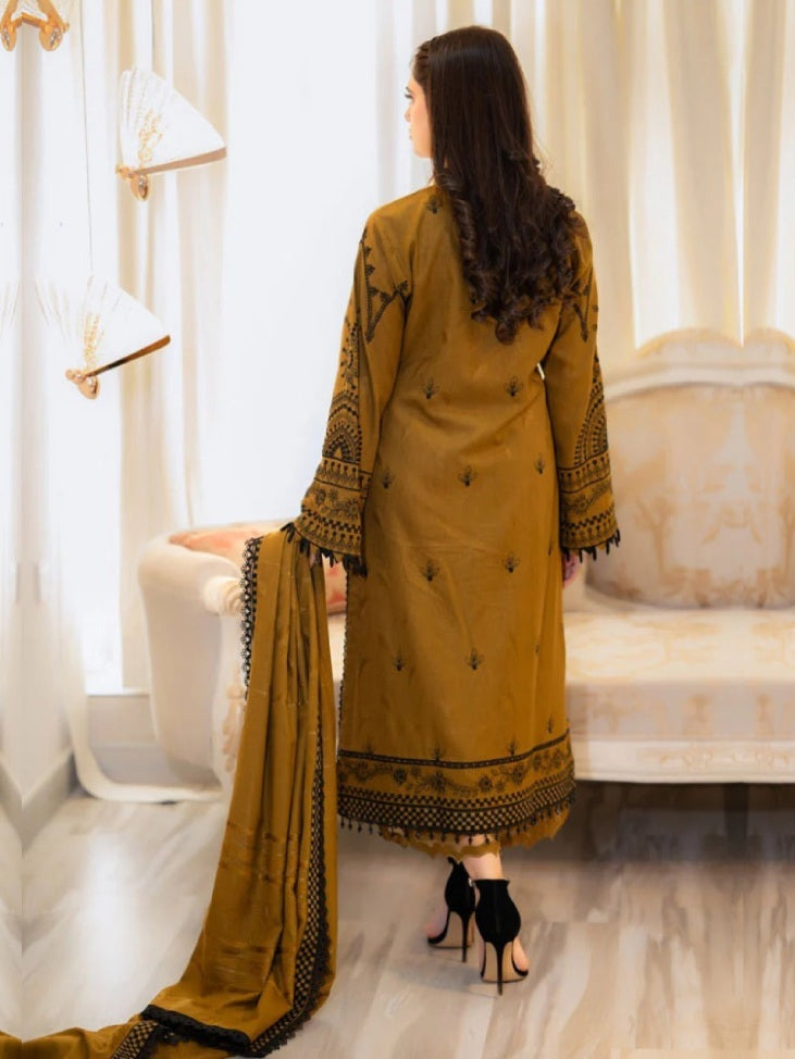 FlexFeb Muslin Dark Yellow 3-Piece Suit Set with Exquisite Embroidery and Sophisticated Design