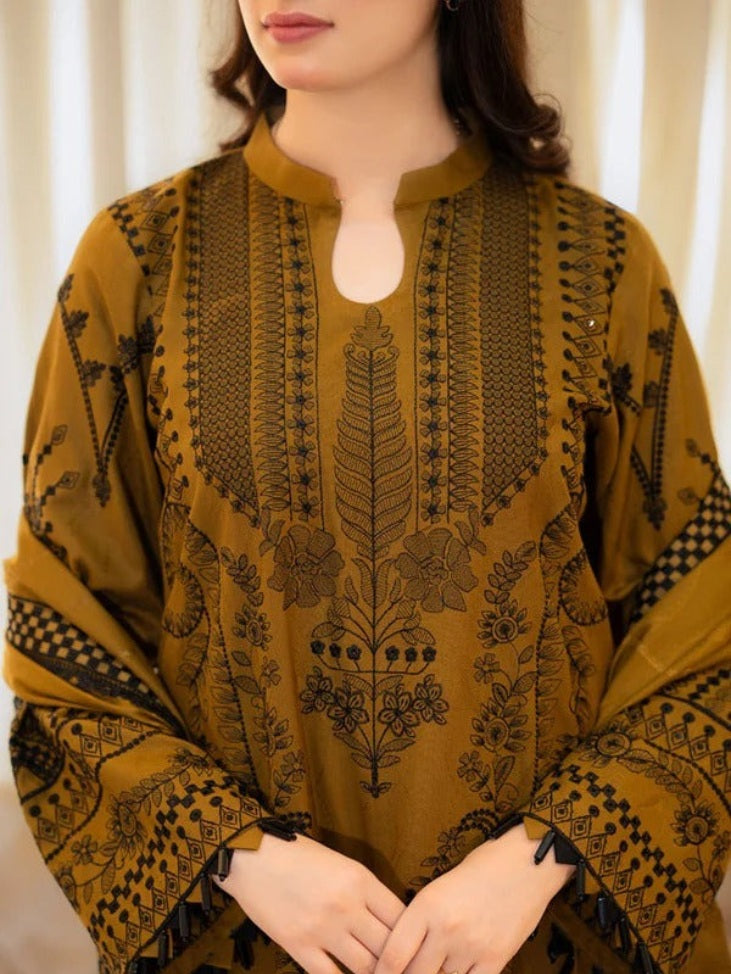 FlexFeb Muslin Dark Yellow 3-Piece Suit Set with Exquisite Embroidery and Sophisticated Design