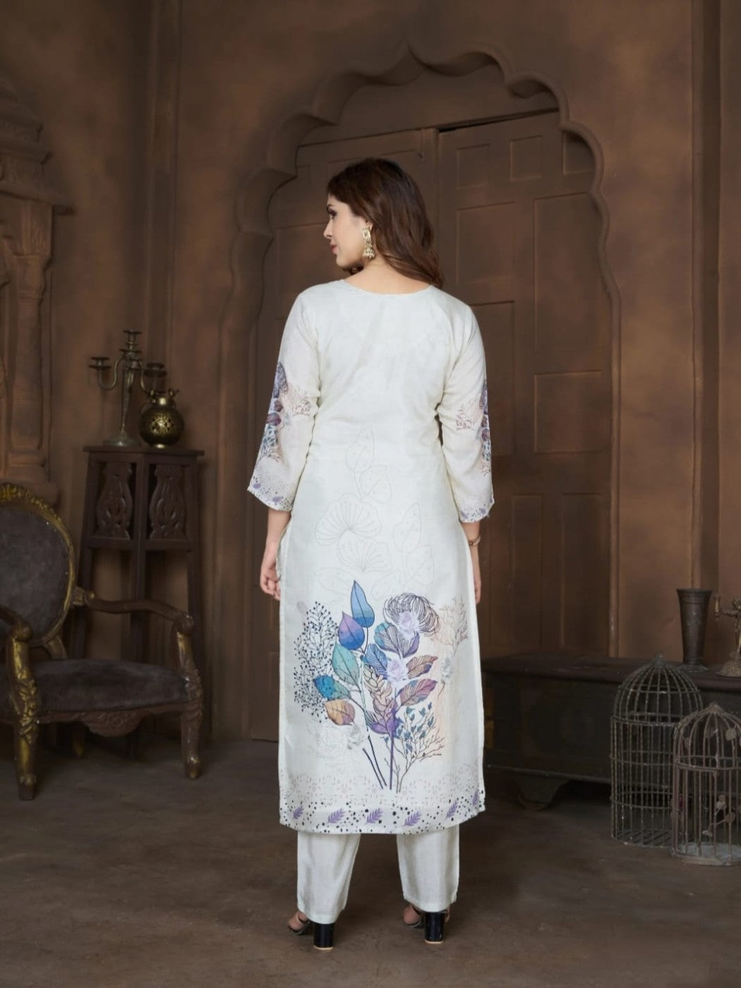 FlexFeb Chinon White 3-Piece Suit Set with Blue Floral Prints for a Graceful and Timeless Look