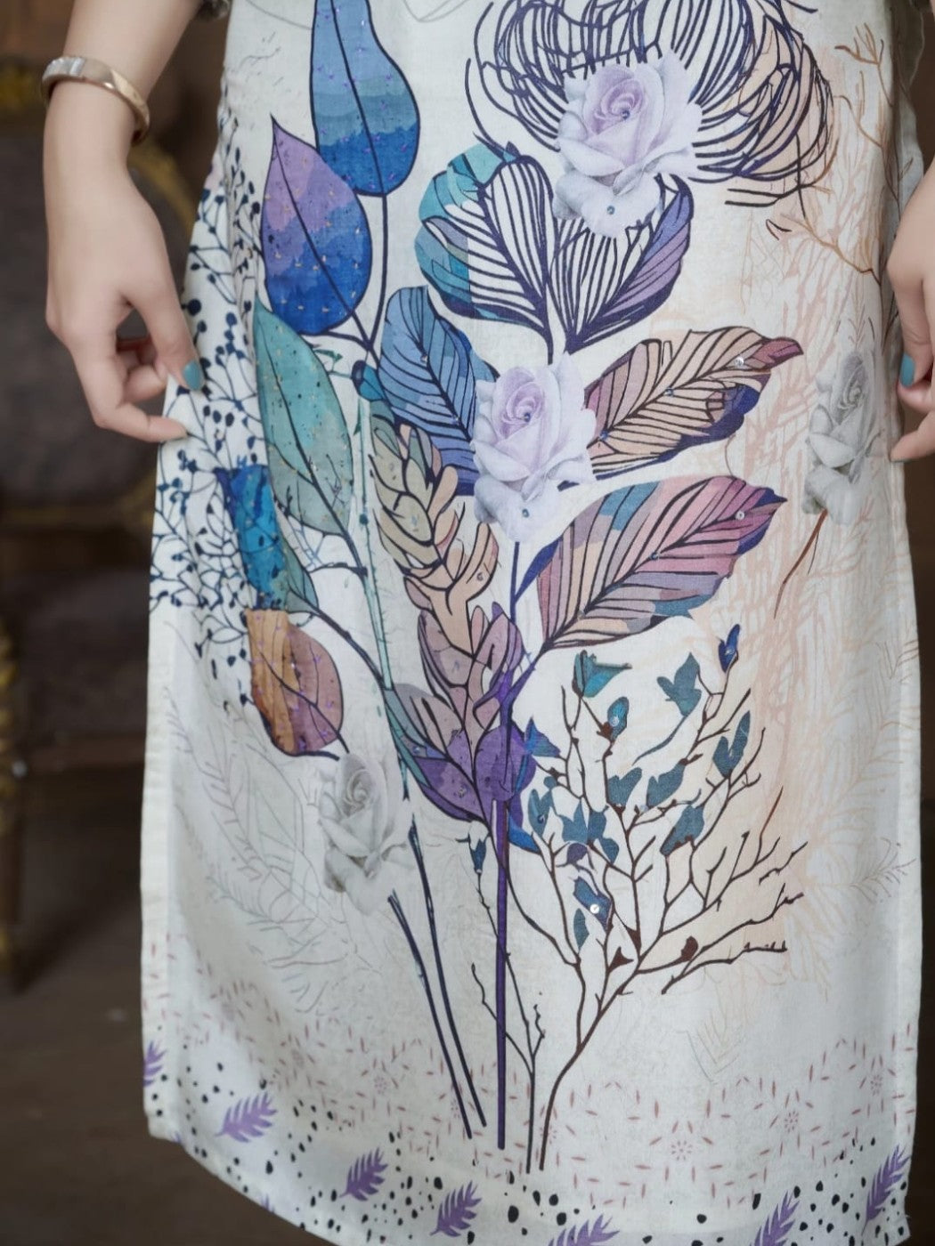 FlexFeb Chinon White 3-Piece Suit Set with Blue Floral Prints for a Graceful and Timeless Look