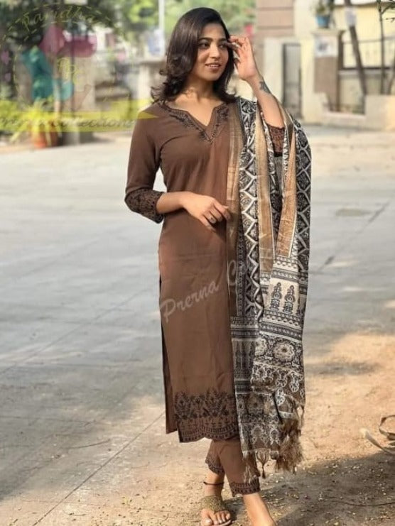 FlexFeb Elegant Coffee Brown 3-Piece Ethnic Suit Set for Women | Printed Dupatta & Embroidered Kurta – Perfect for Festive & Workwear