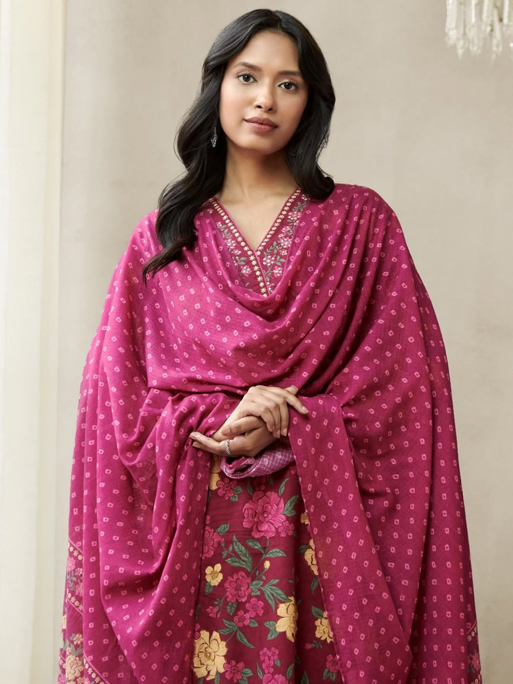 FlexFeb Dark Pink 3-Piece Cotton Suit Set for Women Floral Print Kurta with Embroidered Neckline & Bandhej Dupatta Comfortable Daily & Festive Wear