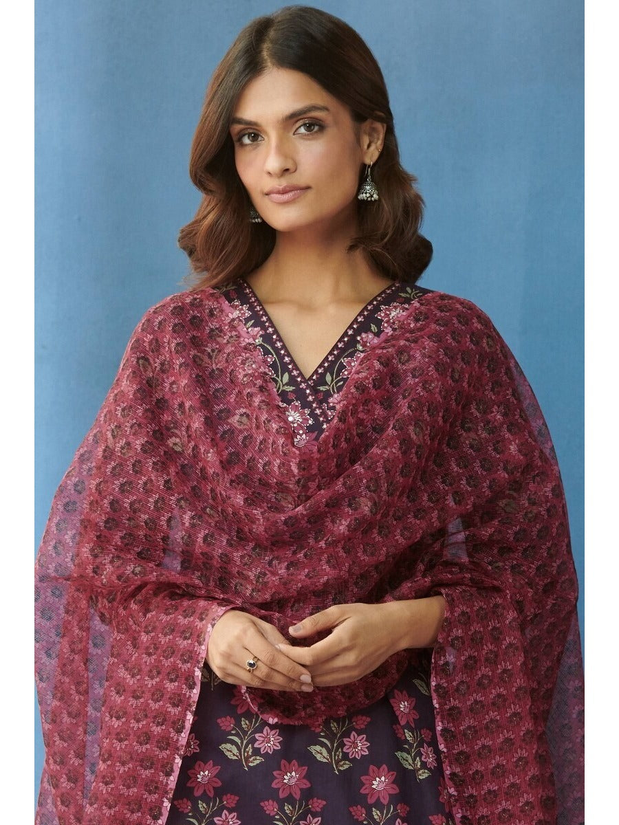 FlexFeb Pink & Blue 3 Piece Cotton Suit Set for Women Floral Printed Kurta with Matching Pant & Net Dupatta Elegant Ethnic Wear for Daily & Festive Use