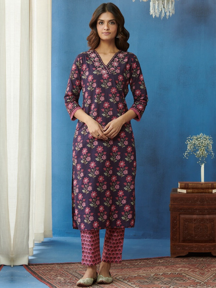 FlexFeb Pink & Blue 3 Piece Cotton Suit Set for Women Floral Printed Kurta with Matching Pant & Net Dupatta Elegant Ethnic Wear for Daily & Festive Use