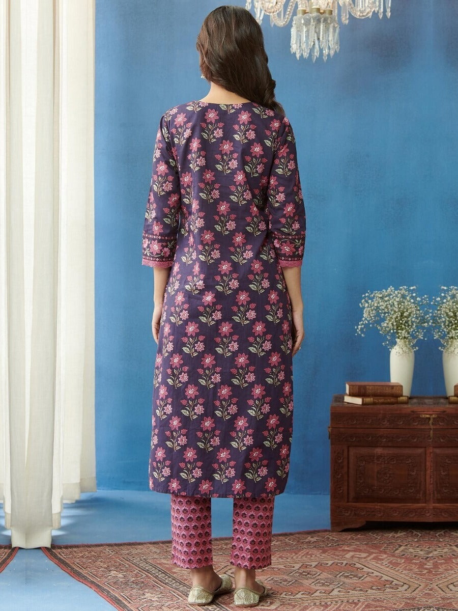 FlexFeb Pink & Blue 3 Piece Cotton Suit Set for Women Floral Printed Kurta with Matching Pant & Net Dupatta Elegant Ethnic Wear for Daily & Festive Use