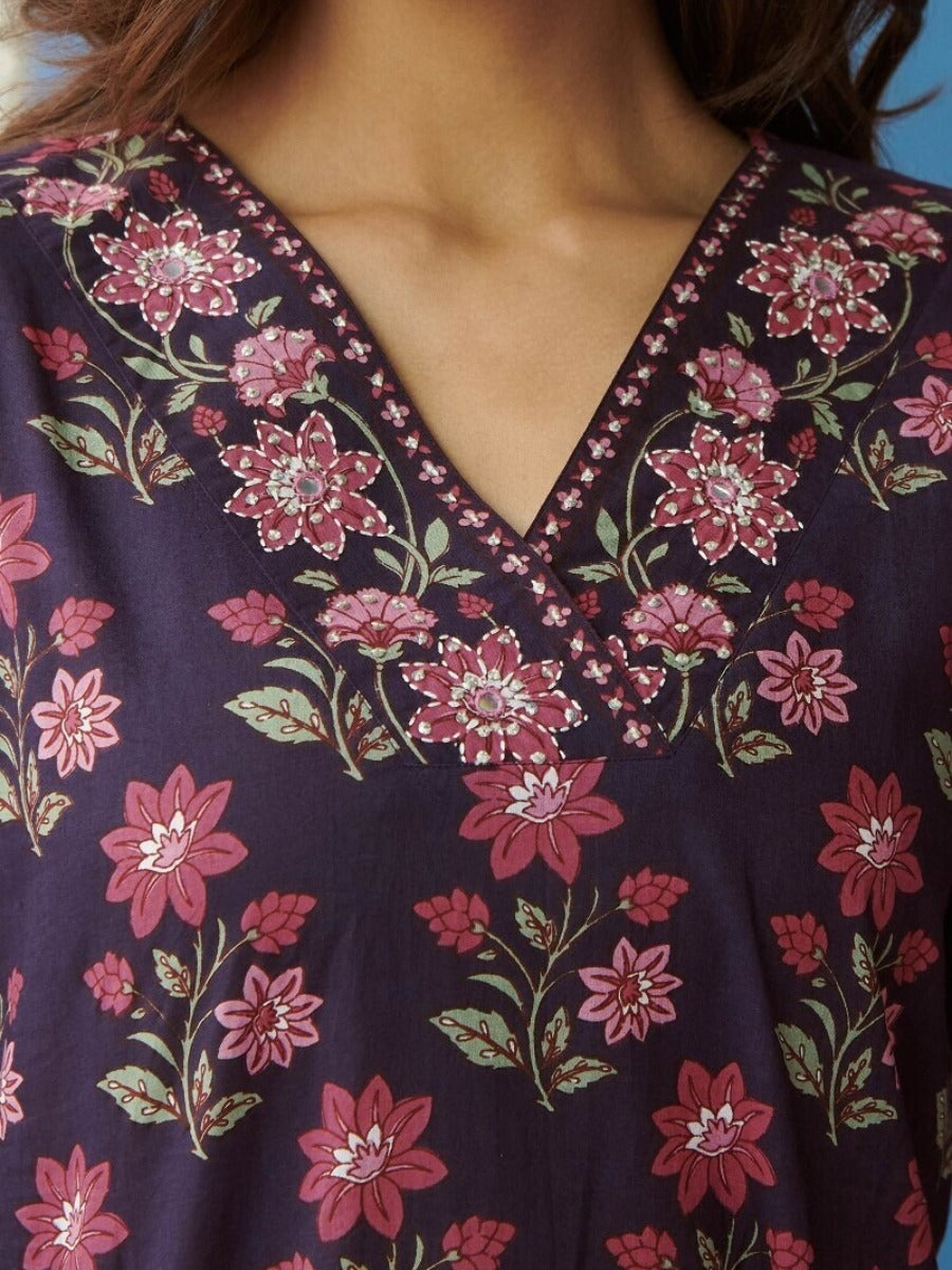 FlexFeb Pink & Blue 3 Piece Cotton Suit Set for Women Floral Printed Kurta with Matching Pant & Net Dupatta Elegant Ethnic Wear for Daily & Festive Use