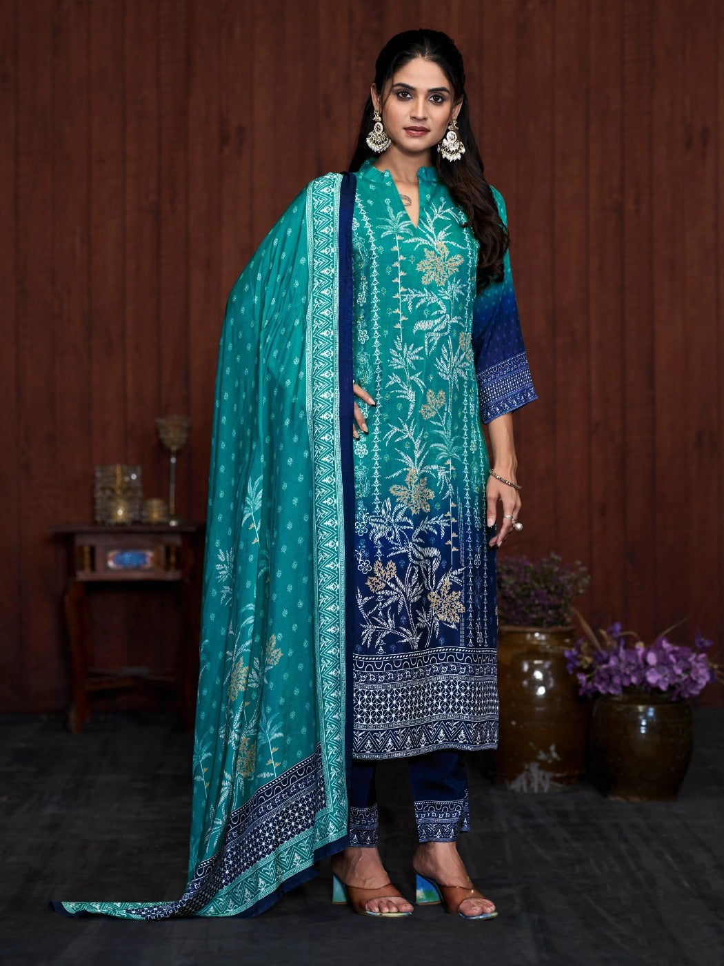 FlexFeb Elegant Dark & Light Blue 3-Piece Chinon Suit Set for Women Embroidered Kurta with Printed Pants & Dupatta – Festive & Occasion Wear Ethnic Set