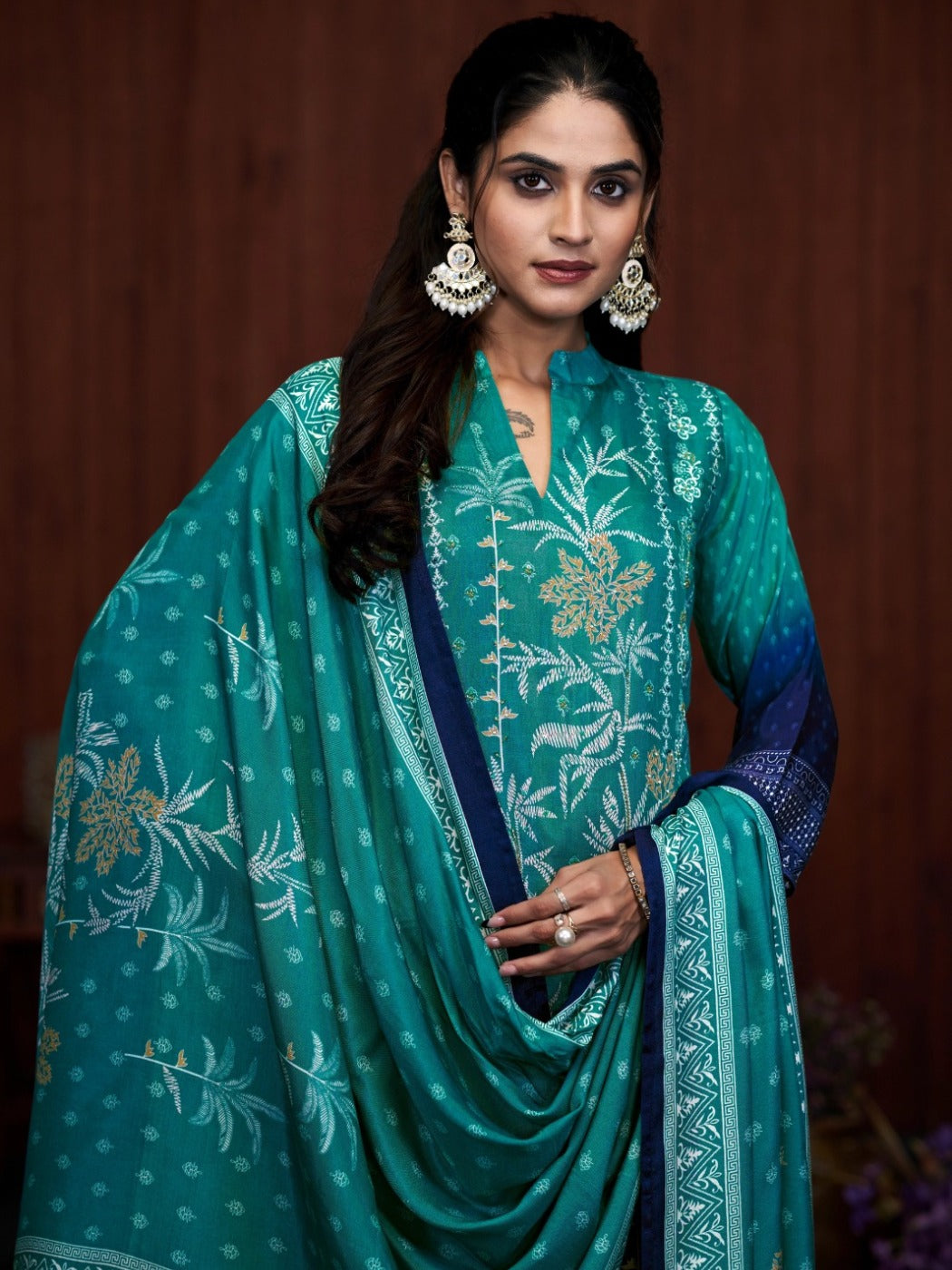 FlexFeb Elegant Dark & Light Blue 3-Piece Chinon Suit Set for Women Embroidered Kurta with Printed Pants & Dupatta – Festive & Occasion Wear Ethnic Set