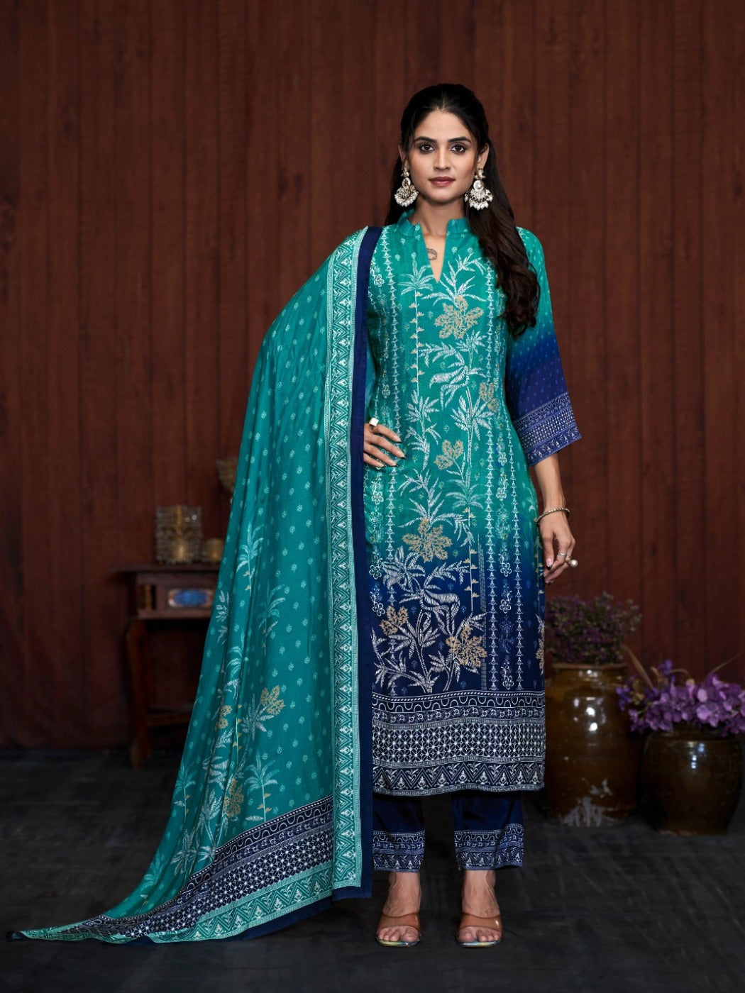 FlexFeb Elegant Dark & Light Blue 3-Piece Chinon Suit Set for Women Embroidered Kurta with Printed Pants & Dupatta – Festive & Occasion Wear Ethnic Set