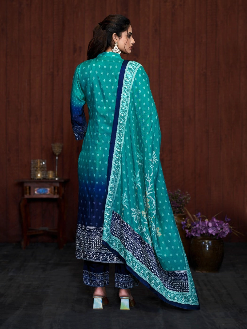 FlexFeb Elegant Dark & Light Blue 3-Piece Chinon Suit Set for Women Embroidered Kurta with Printed Pants & Dupatta – Festive & Occasion Wear Ethnic Set