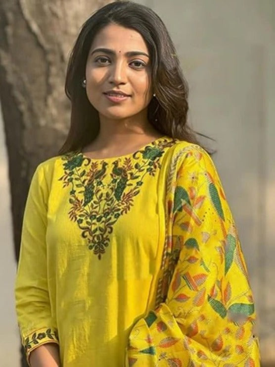 FlexFeb Radiant Pure Yellow Viscose Rayon 3-Piece Suit Set for Women Embroidered Kurta with Printed Dupatta & Bottom Lightweight Ethnic Wear for Day Functions