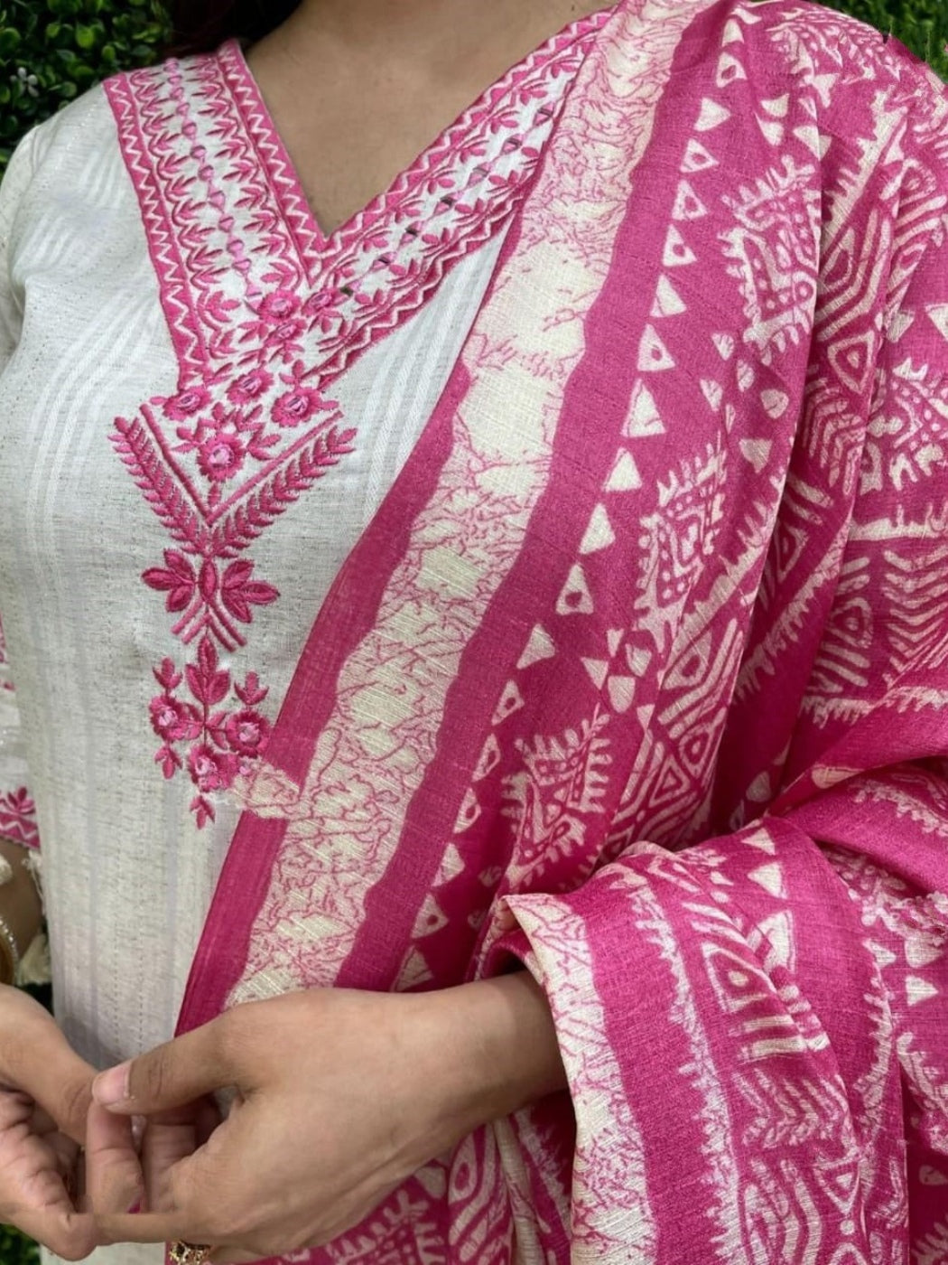 FlexFeb Elegant Vertigan Rayon White & Pink 3-Piece Suit Set for Women Embroidered Kurta with Printed Dupatta & Pants Stylish Ethnic Wear