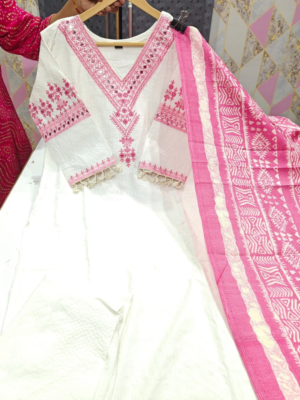 FlexFeb Elegant Vertigan Rayon White & Pink 3-Piece Suit Set for Women Embroidered Kurta with Printed Dupatta & Pants Stylish Ethnic Wear