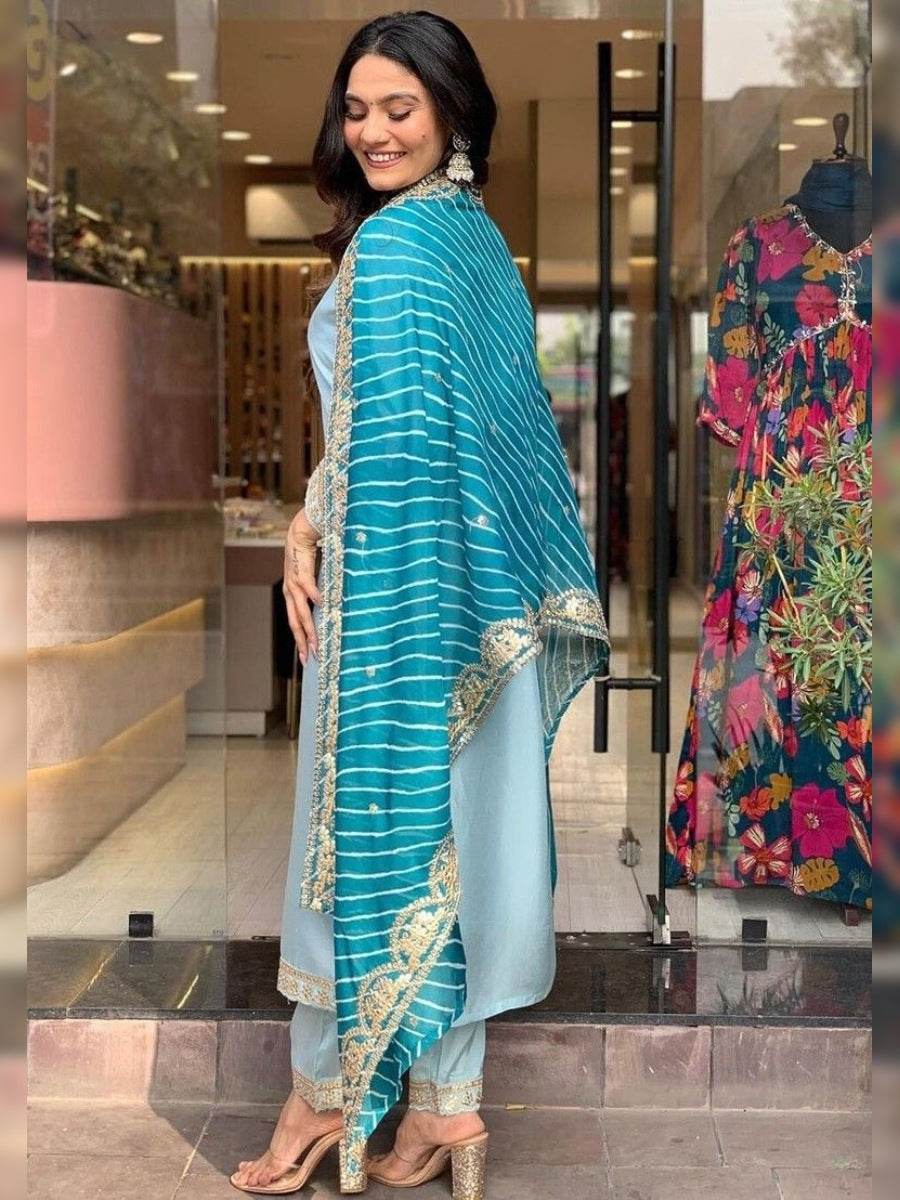 FlexFeb Elegant Sky Blue Cotton Blend 3-Piece Suit Set – Graceful Ethnic Wear with Striped Velvet Dupatta & Embroidered Borders