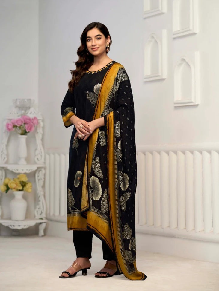 Elegant FlexFeb Chinon Black 3-Piece Suit Set for Women – Designer Ethnic Wear with Printed Dupatta & Golden Accents (Sizes: S to XXL)
