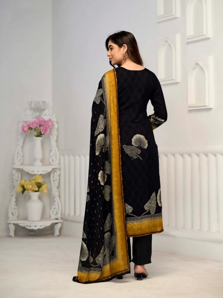 Elegant FlexFeb Chinon Black 3-Piece Suit Set for Women – Designer Ethnic Wear with Printed Dupatta & Golden Accents (Sizes: S to XXL)