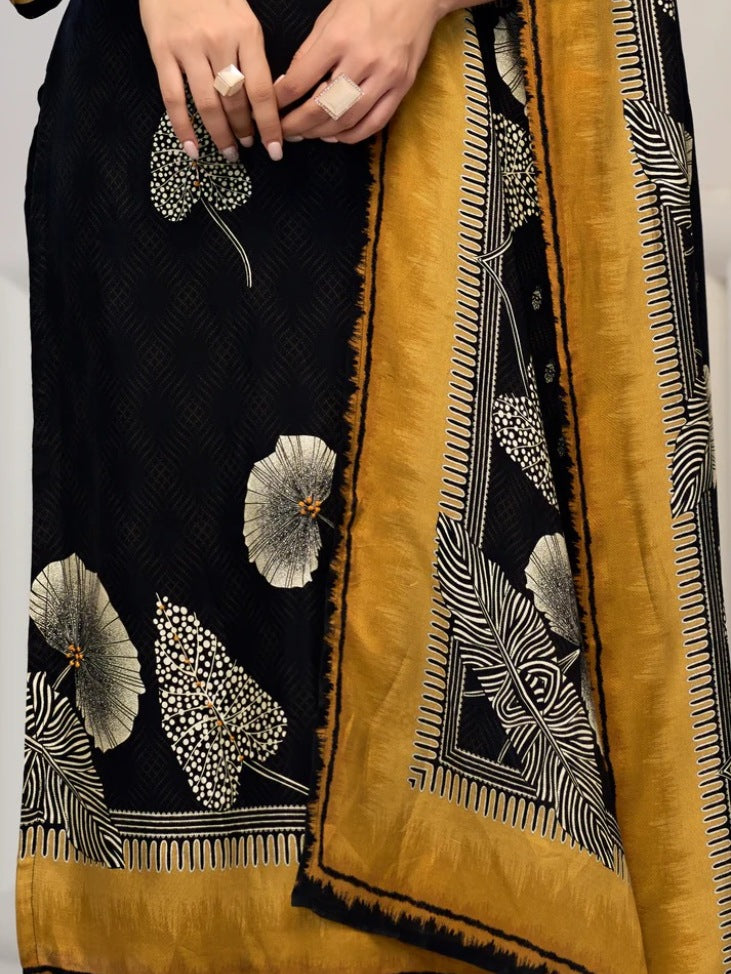 Elegant FlexFeb Chinon Black 3-Piece Suit Set for Women – Designer Ethnic Wear with Printed Dupatta & Golden Accents (Sizes: S to XXL)