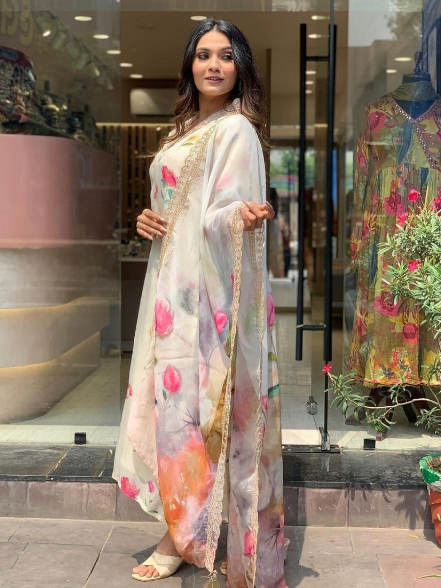 Elegant FlexFeb Teby Silk Cream & Pink Floral 3-Piece Suit Set – Lightweight Designer Ethnic Wear for Women (Sizes S to XXL)