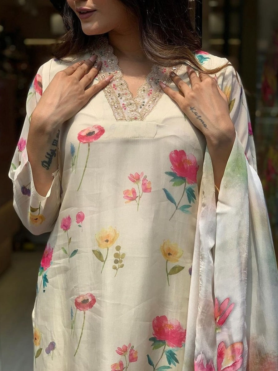 Elegant FlexFeb Teby Silk Cream & Pink Floral 3-Piece Suit Set – Lightweight Designer Ethnic Wear for Women (Sizes S to XXL)