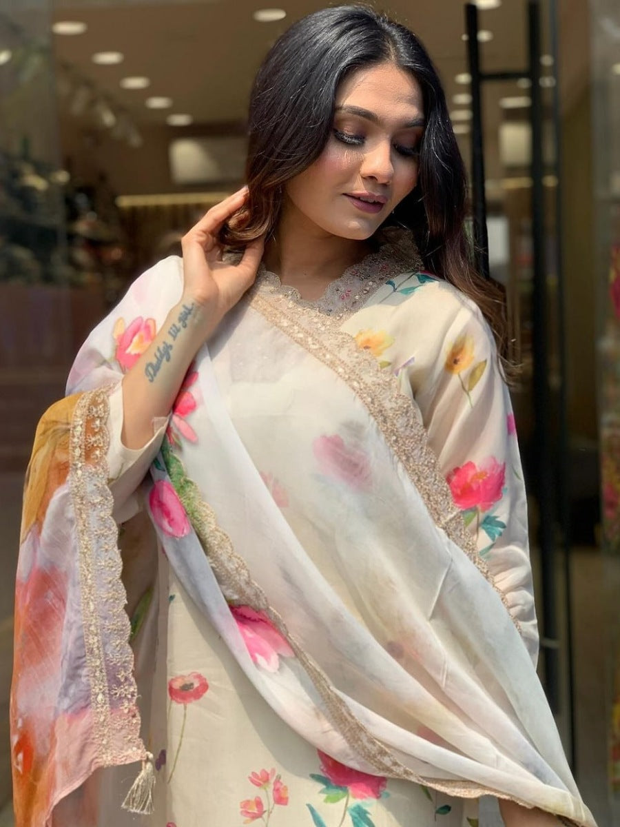 Elegant FlexFeb Teby Silk Cream & Pink Floral 3-Piece Suit Set – Lightweight Designer Ethnic Wear for Women (Sizes S to XXL)
