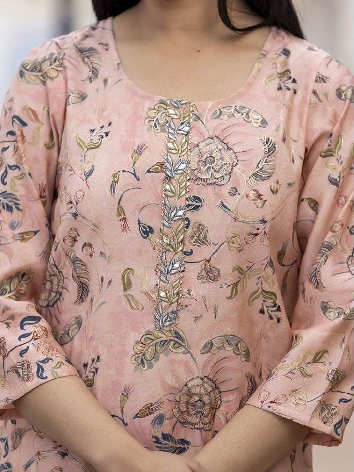 Elegant FlexFeb Tebby Cotton Light Coffee Floral Suit Set – 3-Piece Summer Ethnic Ensemble with Printed Dupatta (S to XXL)