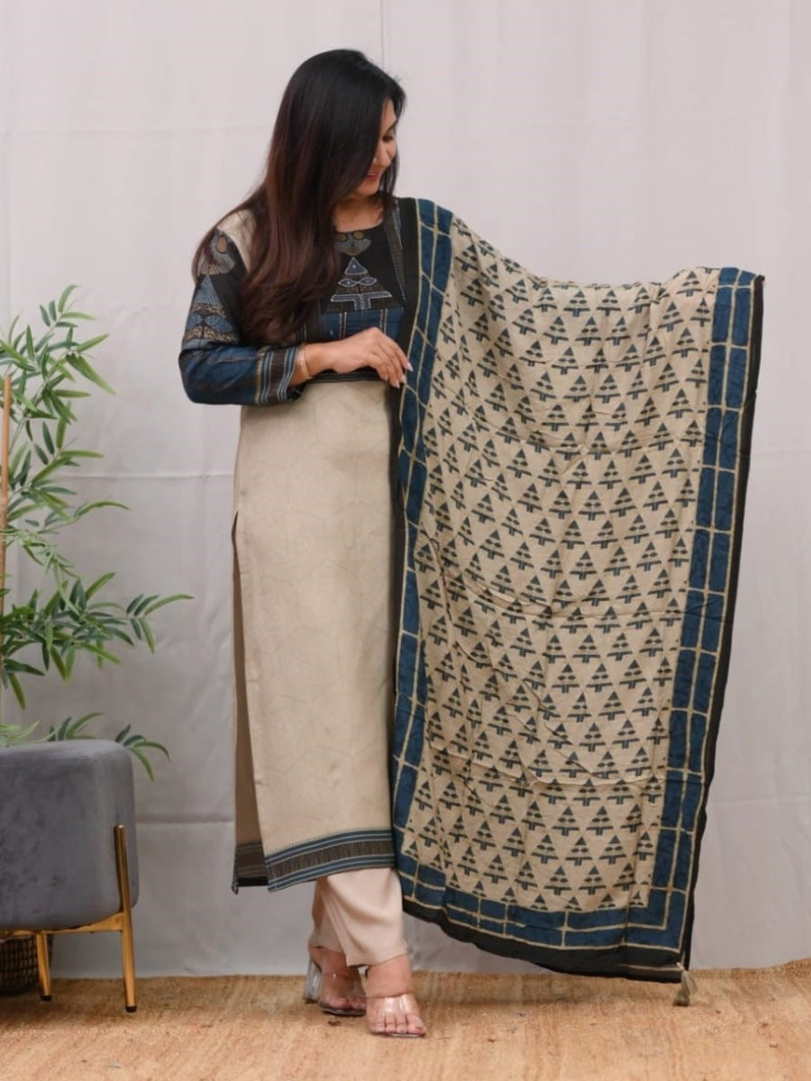 Elegant FlexFeb Lilen Cotton Coffee & Black 3-Piece Ethnic Suit Set with Printed Dupatta โ Comfortable & Classy Outfit for Daily and Semi-Formal Wear