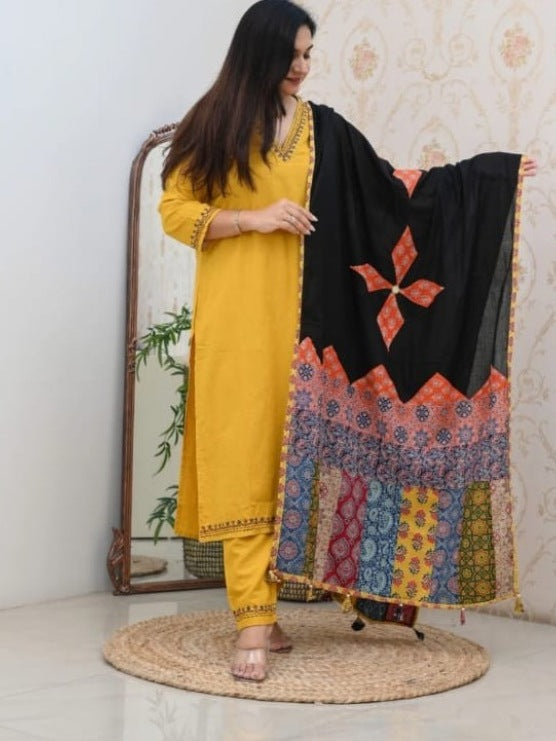 FlexFeb Elegant & Attractive Cotton Black and Yellow 3-Piece Suit Set – Bold Contrast with Traditional Charm for Timeless Style