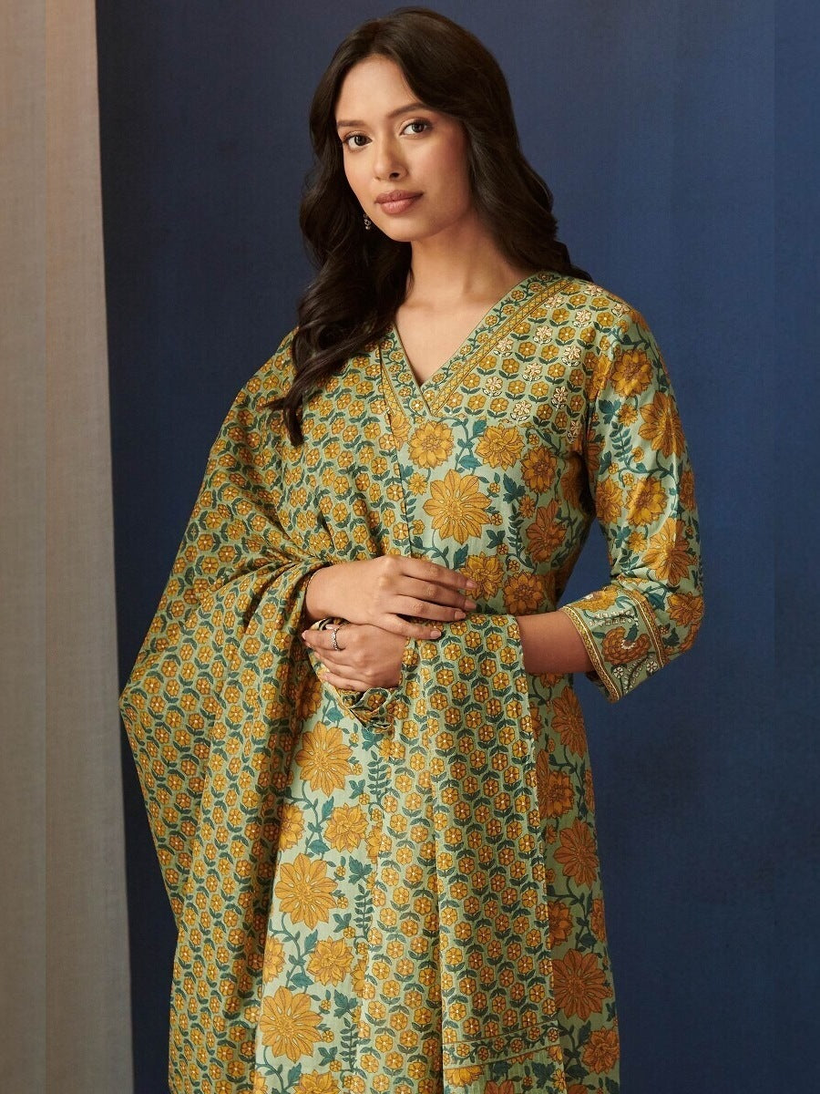 FlexFeb Elegant & Attractive Cotton Yellow Mehndi Design 3-Piece Suit Set – Premium Printed Ethnic Ensemble with Dupatta & Embroidered Bottoms