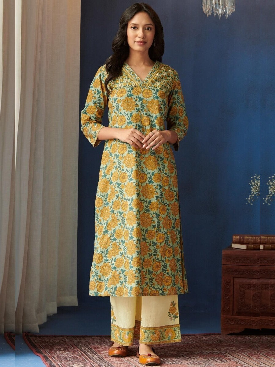 FlexFeb Elegant & Attractive Cotton Yellow Mehndi Design 3-Piece Suit Set – Premium Printed Ethnic Ensemble with Dupatta & Embroidered Bottoms