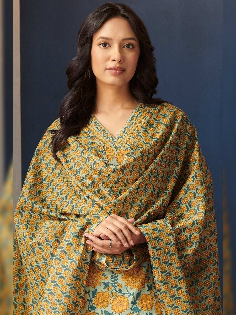 FlexFeb Elegant & Attractive Cotton Yellow Mehndi Design 3-Piece Suit Set – Premium Printed Ethnic Ensemble with Dupatta & Embroidered Bottoms