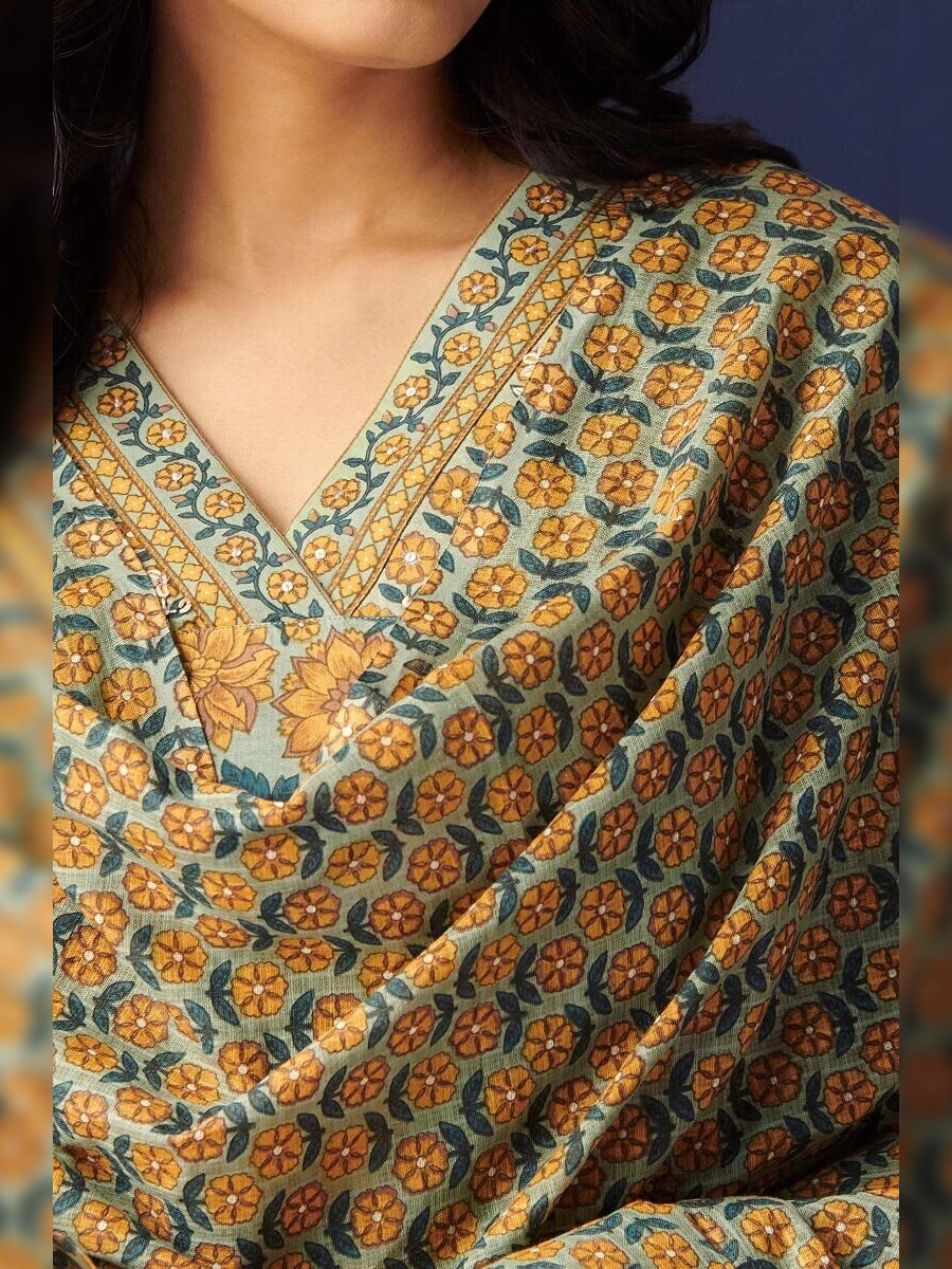 FlexFeb Elegant & Attractive Cotton Yellow Mehndi Design 3-Piece Suit Set – Premium Printed Ethnic Ensemble with Dupatta & Embroidered Bottoms