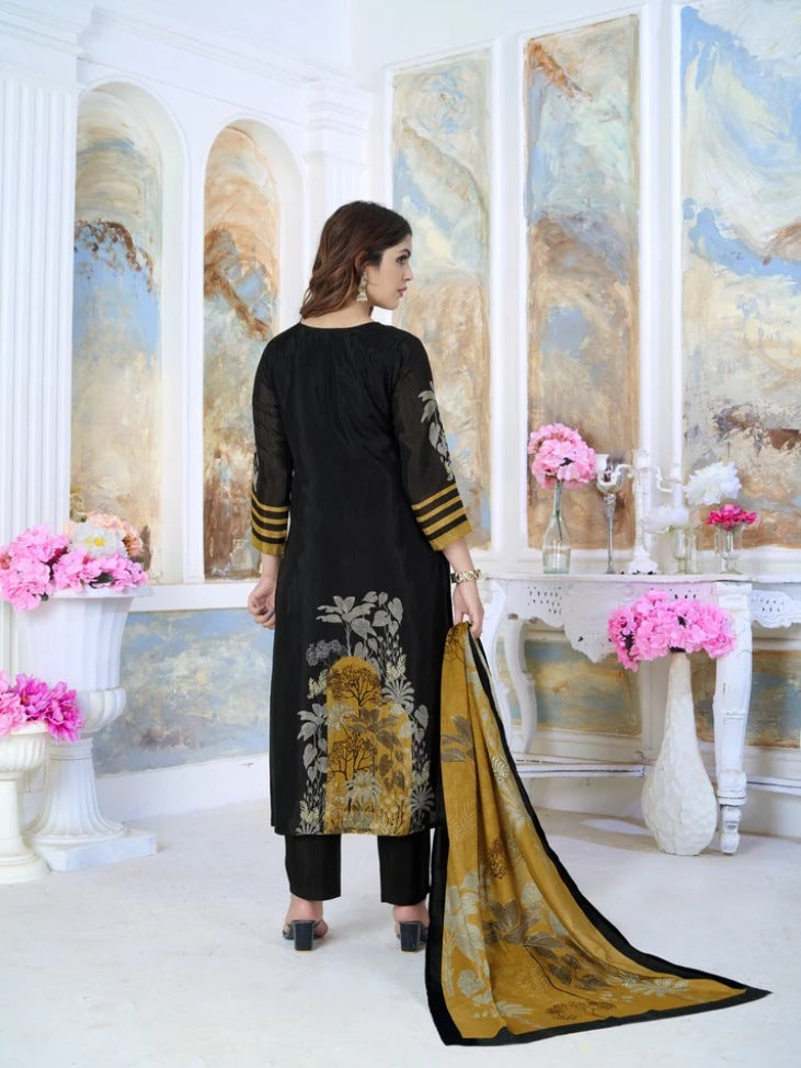 FlexFeb Elegant Chinon Black 3-Piece Suit Set with Golden Yellow Floral Dupatta โ Premium Ethnic Wear for Women