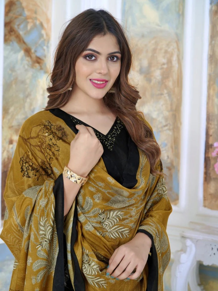 FlexFeb Elegant Chinon Black 3-Piece Suit Set with Golden Yellow Floral Dupatta โ Premium Ethnic Wear for Women