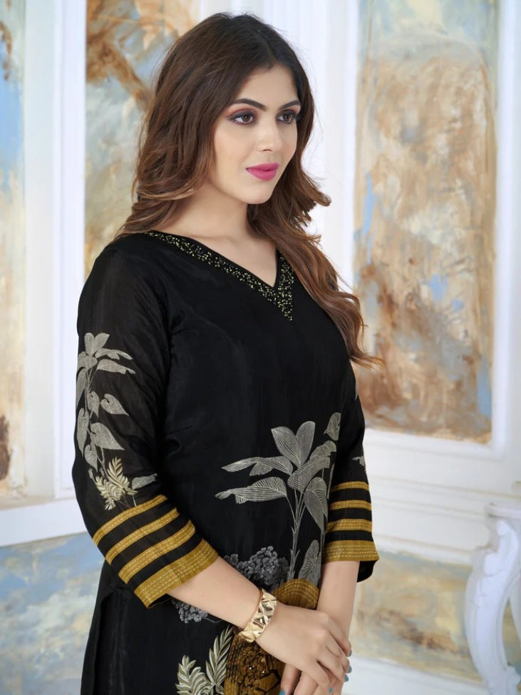 FlexFeb Elegant Chinon Black 3-Piece Suit Set with Golden Yellow Floral Dupatta โ Premium Ethnic Wear for Women