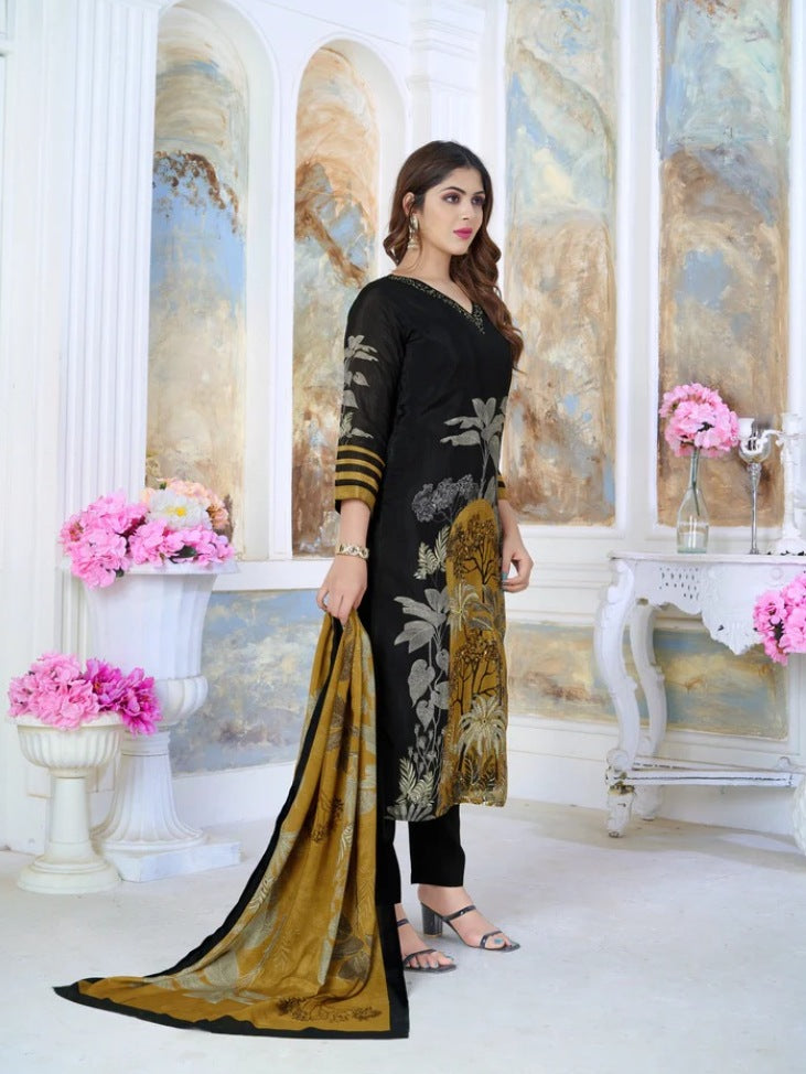 FlexFeb Elegant Chinon Black 3-Piece Suit Set with Golden Yellow Floral Dupatta โ Premium Ethnic Wear for Women