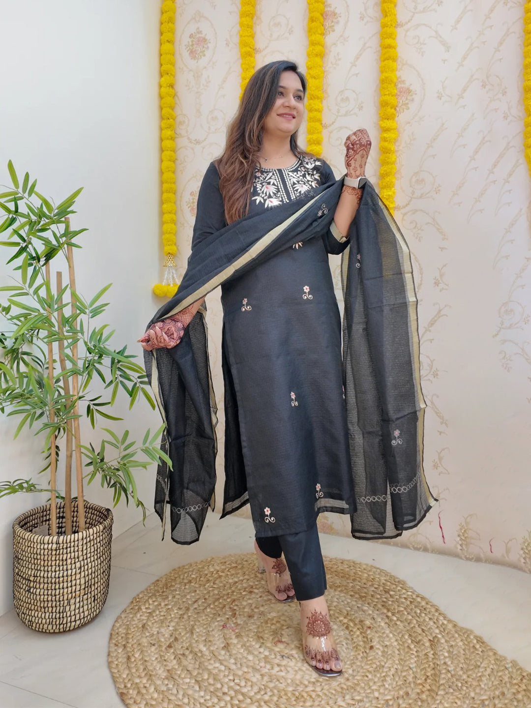 FlexFeb Elegant Black Embroidered Stitched Dress Suit Set Top Bottom Dupatta