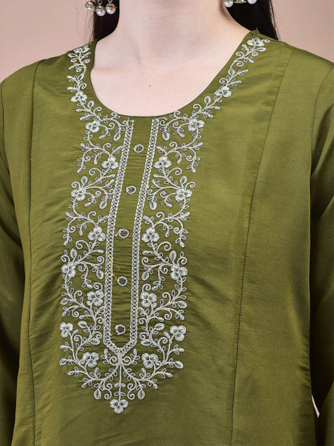 FlexFeb Olive Green Embroidered Stitched Dress Suit Set Top Bottom Dupatta
