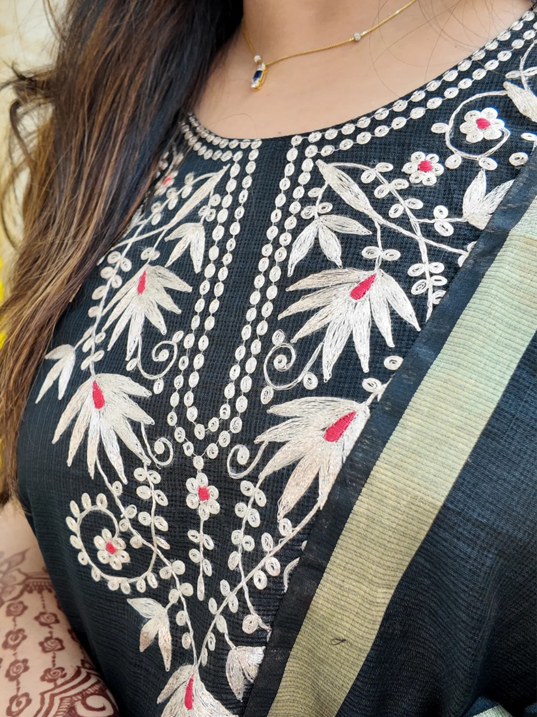 FlexFeb Elegant Black Embroidered Stitched Dress Suit Set Top Bottom Dupatta