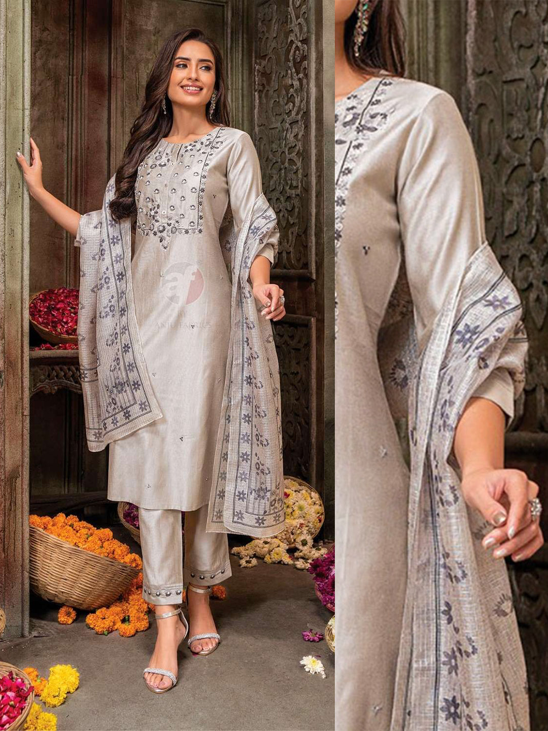 FlexFeb Ivory Mirror Embellished Stitched Dress Suit Set Top Bottom Dupatta