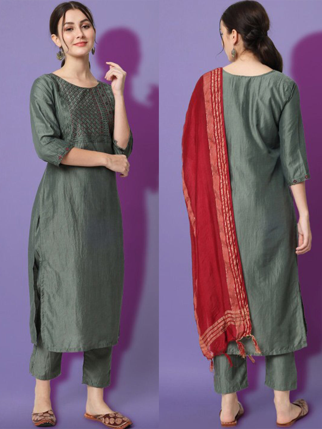 FlexFeb Medium Grey Embroidered Stitched Dress Suit Set Contrasting Dupatta Top Bottom