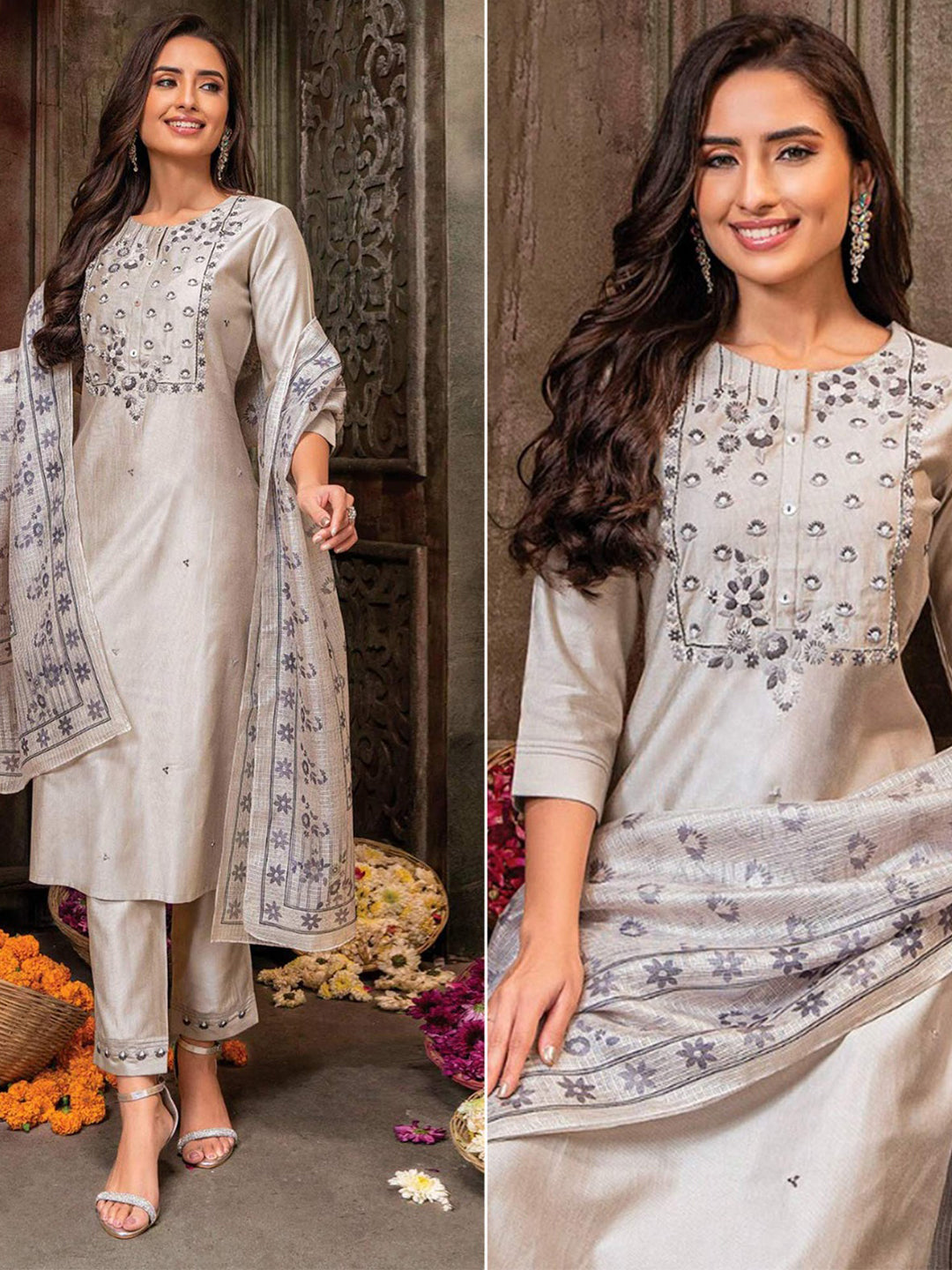 FlexFeb Ivory Mirror Embellished Stitched Dress Suit Set Top Bottom Dupatta
